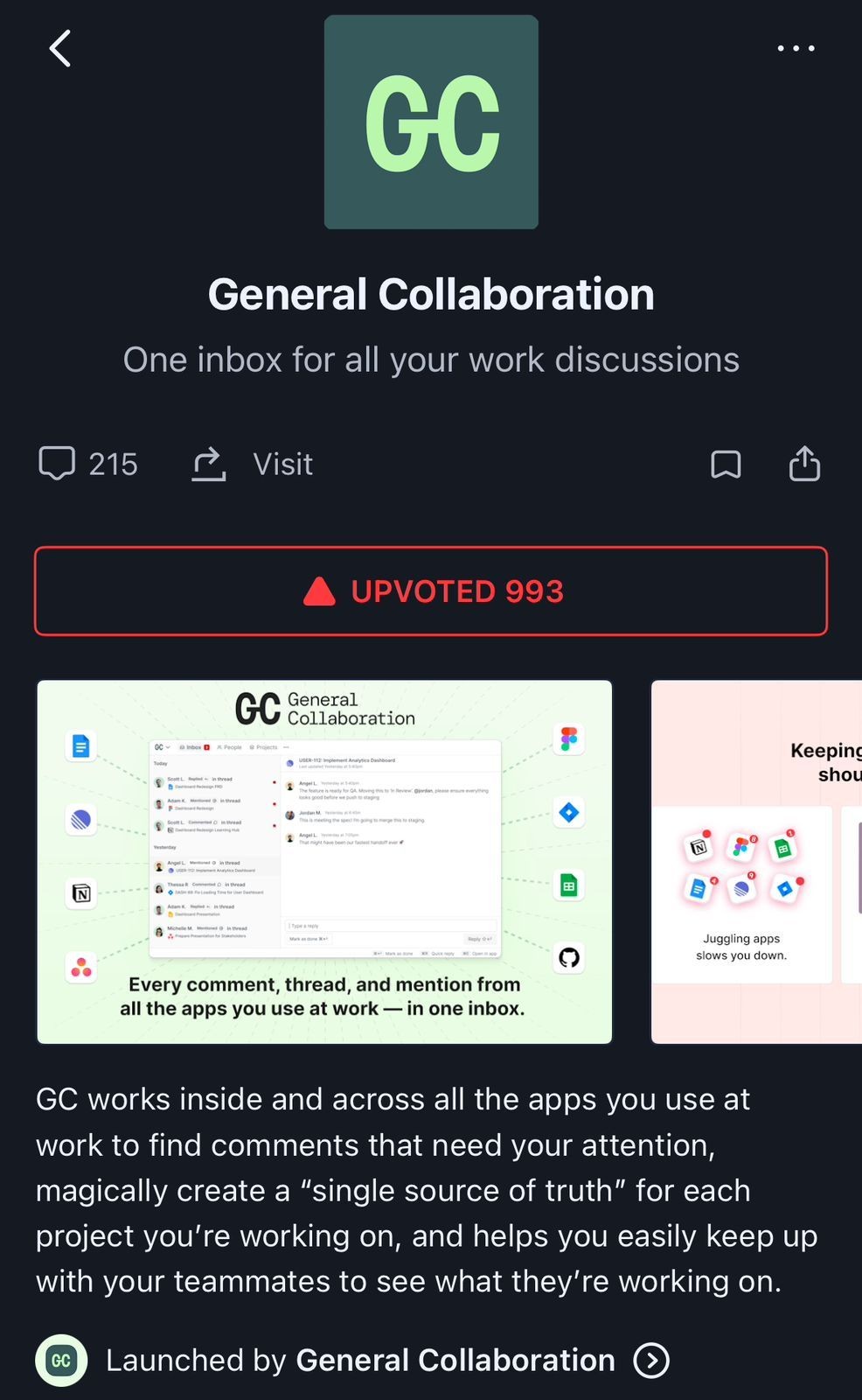 App interface for General Collaboration with notifications and comment threads visible on a dark background.