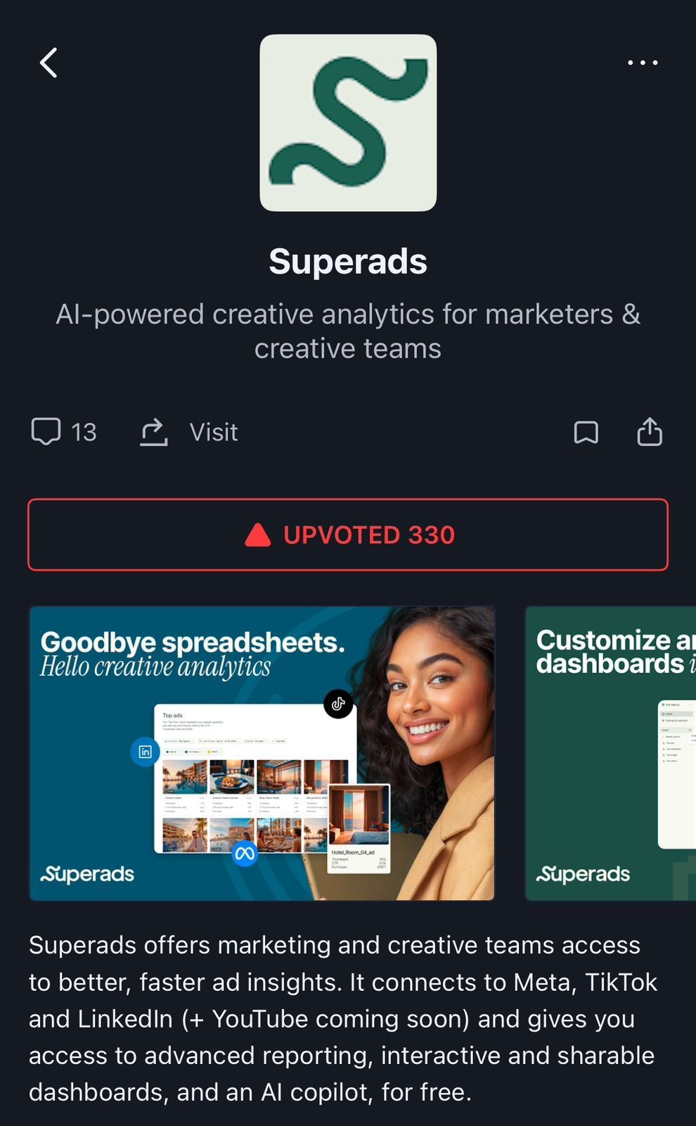 Superads app interface promoting AI-powered creative analytics for marketing teams.
