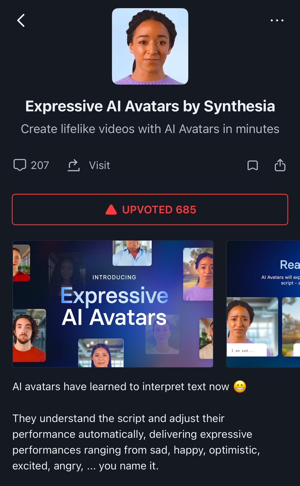 Synthesia app introduction screen for expressive AI avatars, with text about creating lifelike videos.