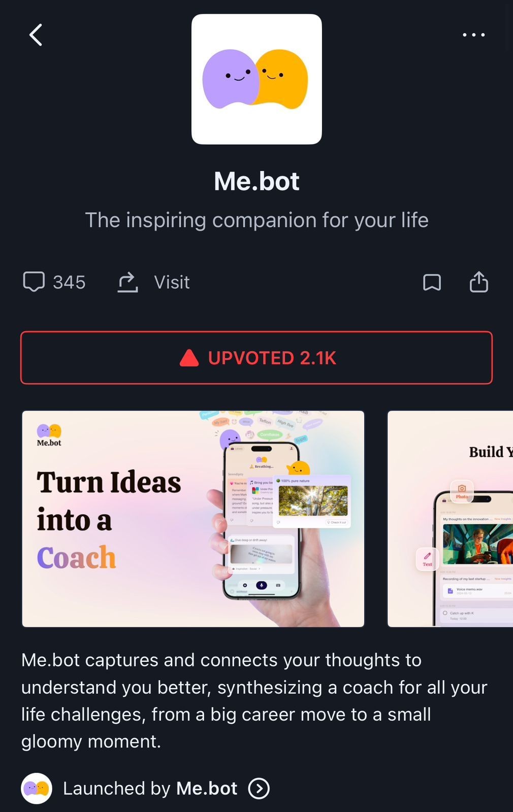 Me.bot app description featuring an inspiring companion for life, with user interface shown on a smartphone.