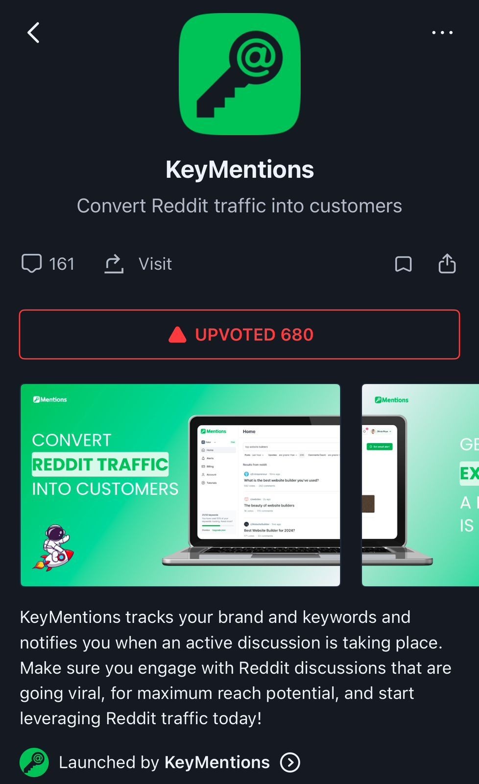 KeyMentions app page suggesting conversion of Reddit traffic into customers with brand logo and text description.