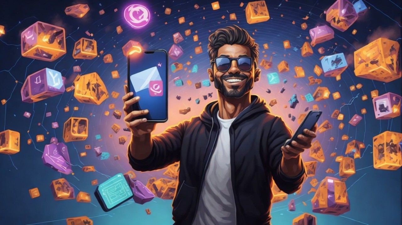 Smiling man with sunglasses holding two smartphones, surrounded by floating digital icons and cubes.
